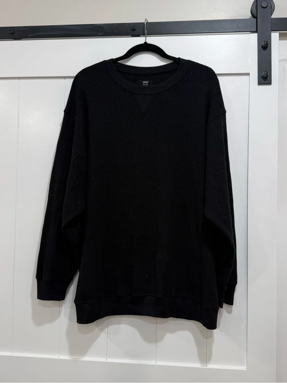 aerie Black Waffle-Knit Crew Sweatshirt